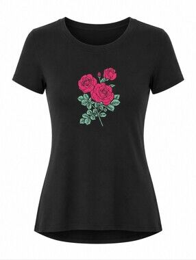 Free State Women’s Medium Black Rose Graphic T-Shirt Floral Short Sleeve Tee